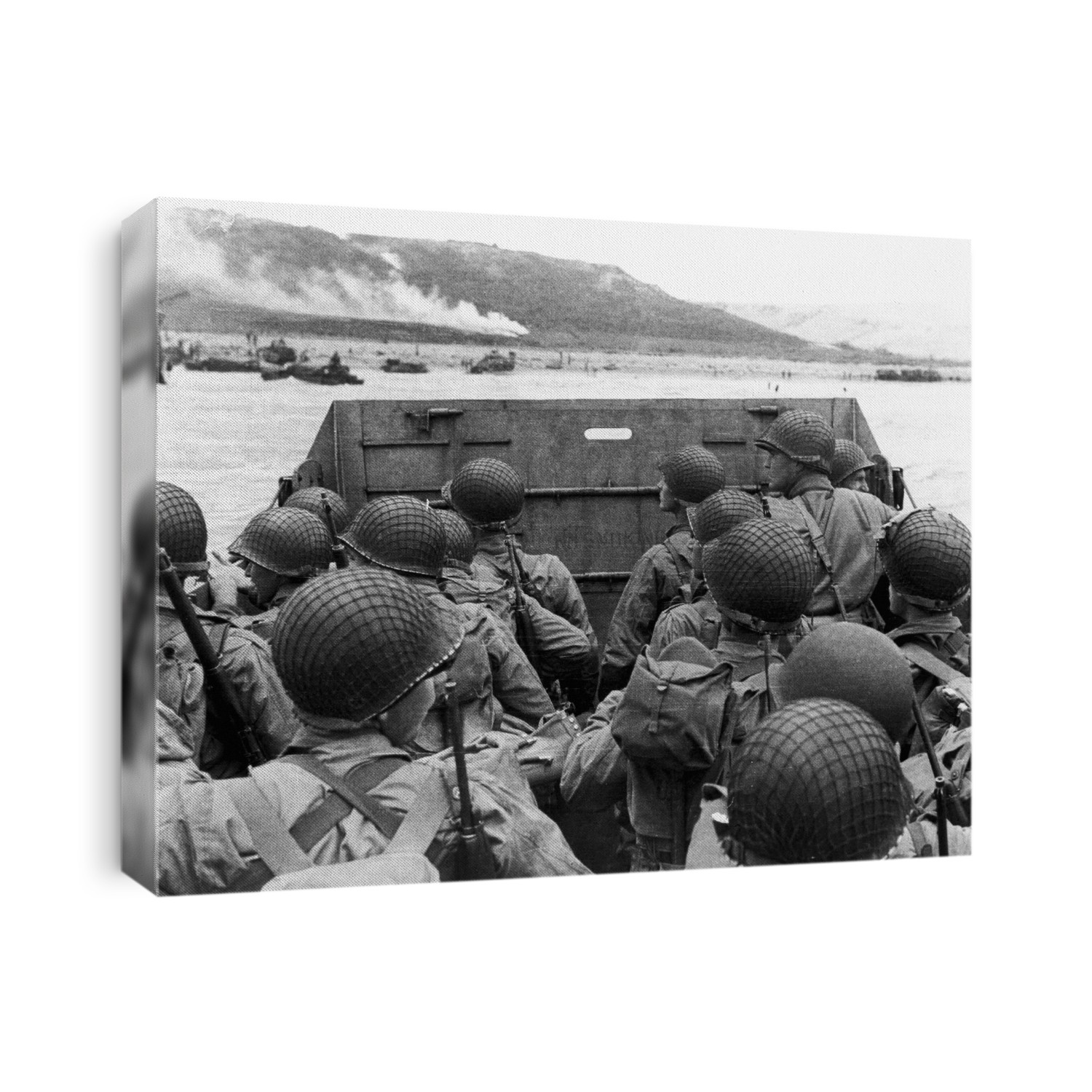 D-Day landings. US assault troops in a landing craft behind its protective shield as it nears a beachhead on the northern coast of France during the D-Day landings. Smoke in the background is naval gunfire supporting the landing. US troops landed at Utah Beach and Omaha Beach. The D-Day landings of 6 June 1944 were the largest seaborne invasion in history. They successfully liberated the Normandy coast of Nazi-occupied France, contributing to the Allied victory in World War II. During the landings, the Allied force of some 156,000 (from the UK, USA and Canada) took some 12,000 casualties and suffered more than 4000 dead.