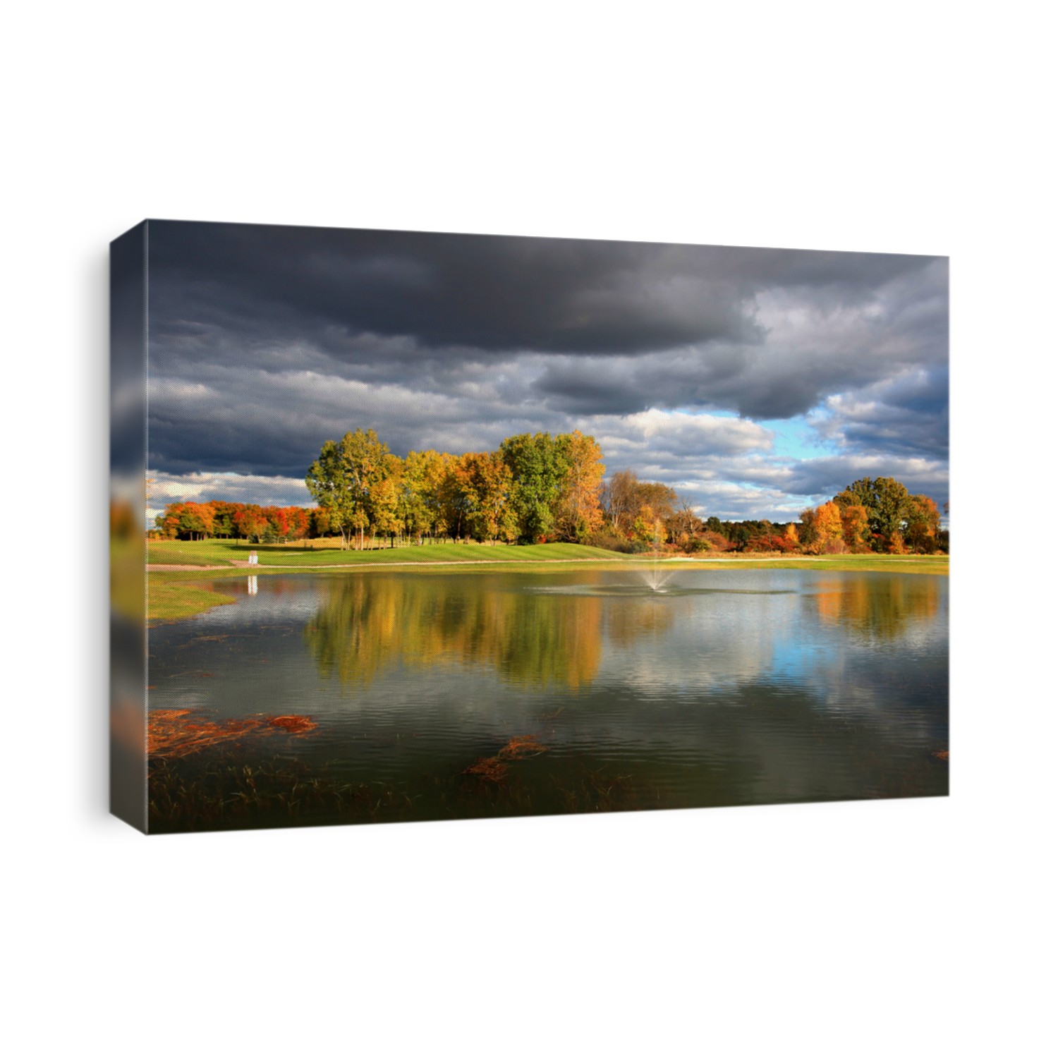 Golf course with autumn tree reflections