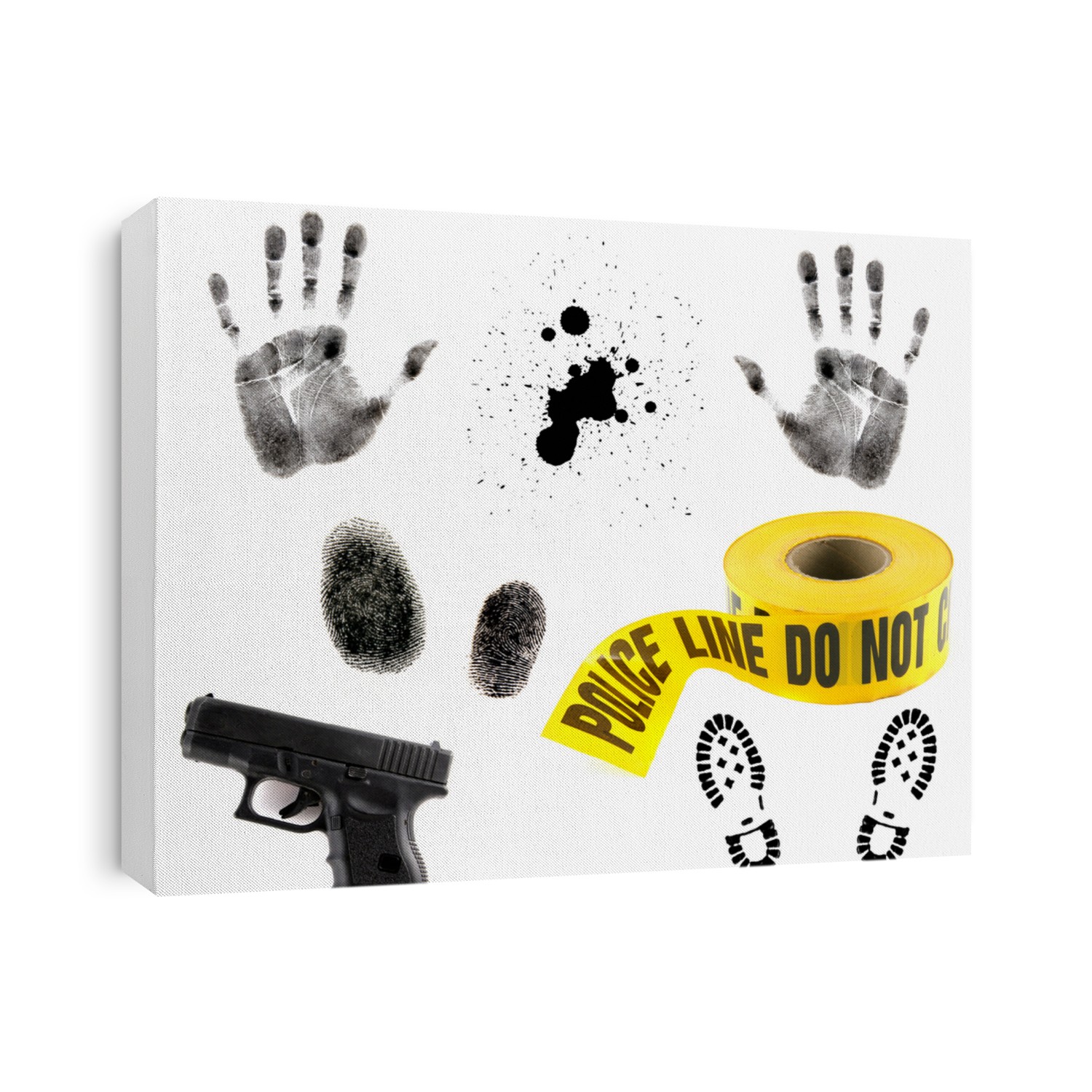 Crime Scene Items: Blood Spatter, Fingerprint, Handprint, Police Tape and 9mm Gun